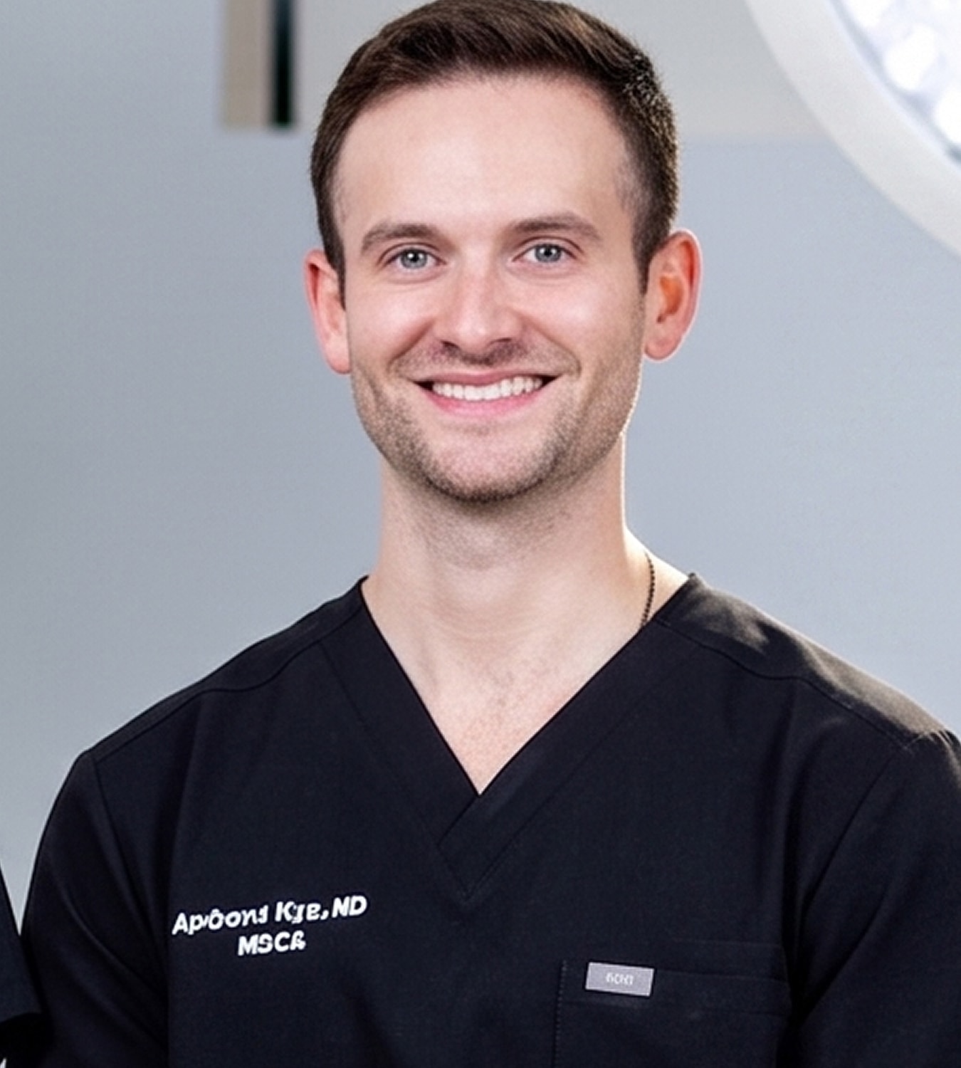 Smiling healthcare professional in black scrubs