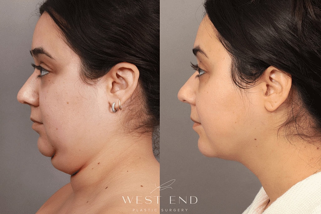 Before and after profile view of chin surgery.