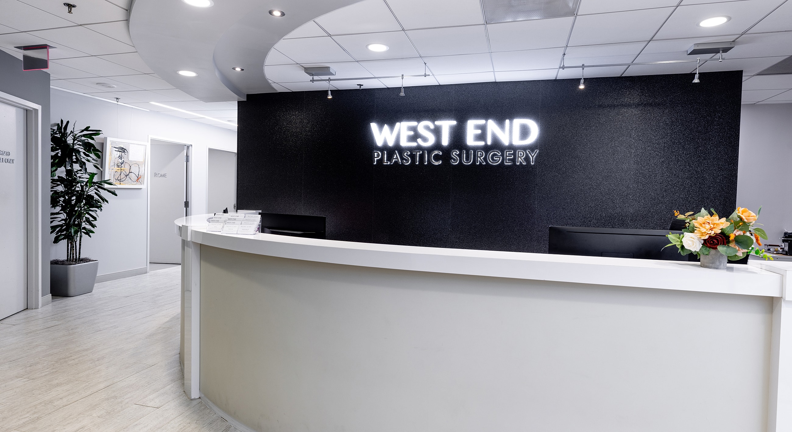 Modern reception area of a plastic surgery clinic.